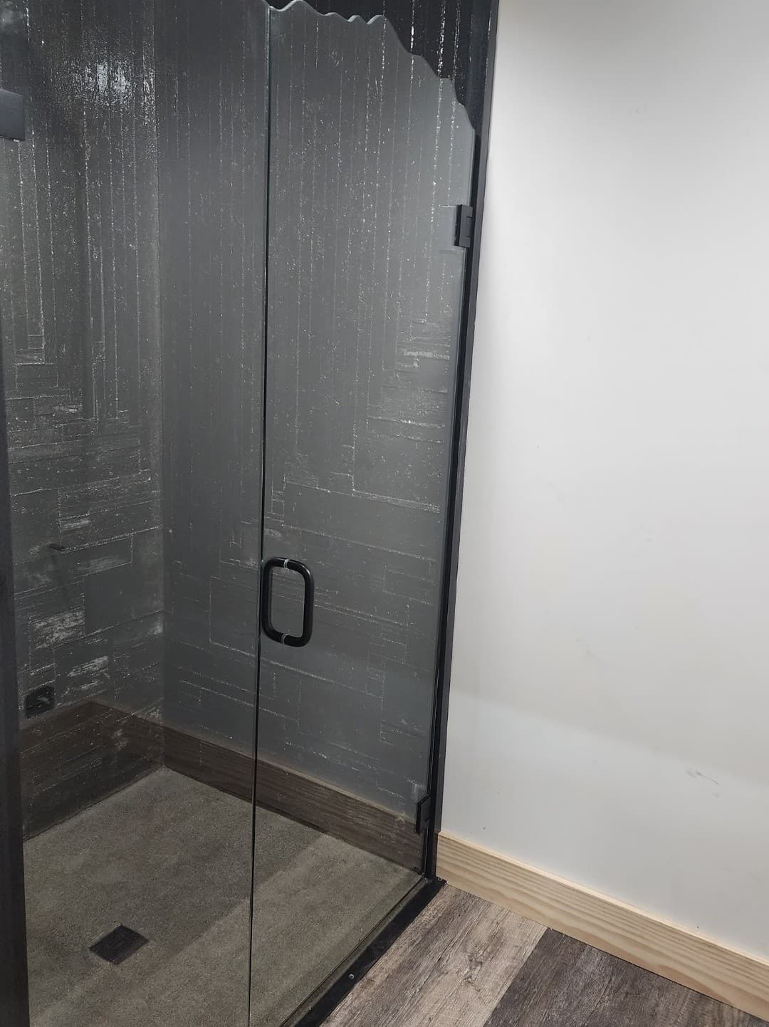 Frameless single door shower with dark tile